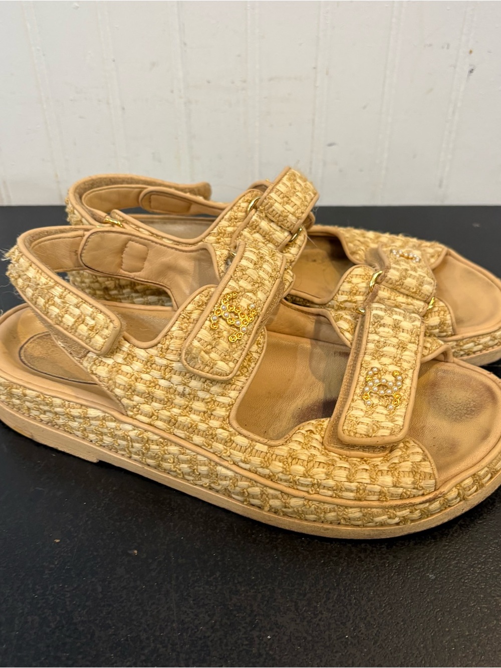 Chanel Tweed Dad Sandals Pearl CC Logo Beige Gold size 40  9.5